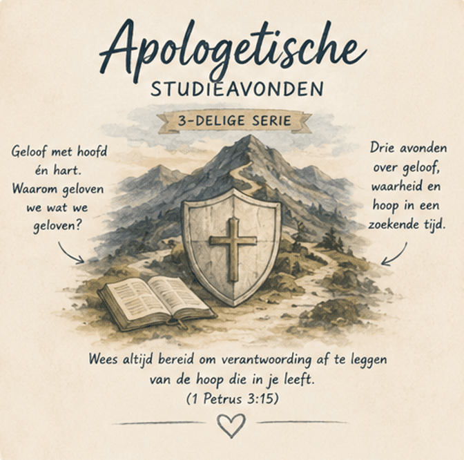 Affiche van de apologetische studieavonden, een driedelige serie: een schild met een kruis voor een berg, met een open Bijbel ernaast. Tekst op het affiche: Geloof met hoofd én hart. Waarom geloven we wat we geloven? Drie avonden over geloof, waarheid en hoop in een zoekende tijd. "Wees altijd bereid om verantwoording af te leggen van de hoop die in je leeft." (1 Petrus 3:15)