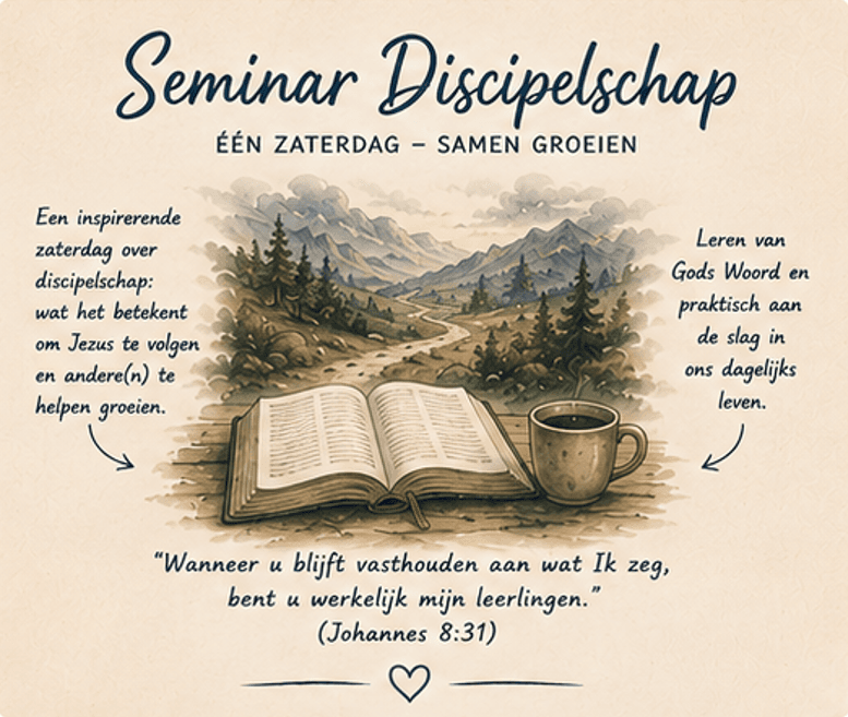 Affiche van het Seminar Discipelschap, één zaterdag samen groeien: een pad door een berglandschap, met een open Bijbel en een kop koffie op de voorgrond. Tekst op het affiche: Een inspirerende zaterdag over discipelschap: wat het betekent om Jezus te volgen en andere(n) te helpen groeien. Leren van Gods Woord en praktisch aan de slag in ons dagelijks leven. "Wanneer u blijft vasthouden aan wat Ik zeg, bent u werkelijk mijn leerlingen." (Johannes 8:31)
